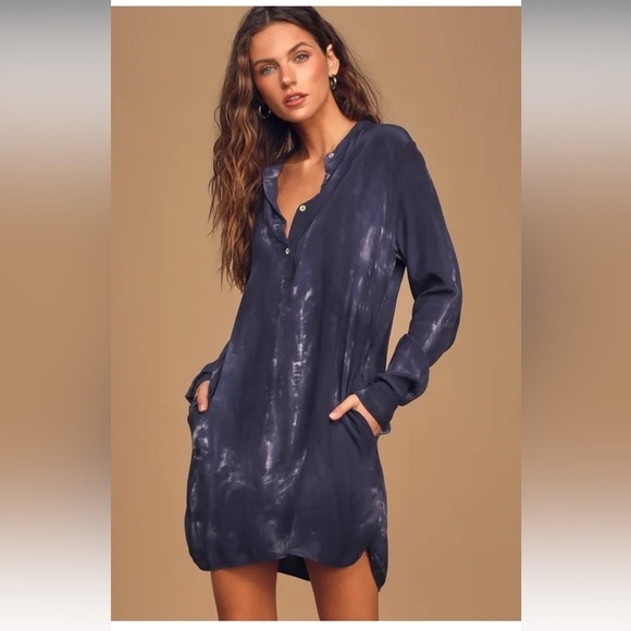Lulus Dresses & Skirts - Lulu’s What I Like Navy Blue Tie-Dye Long Sleeve Shirt Dress